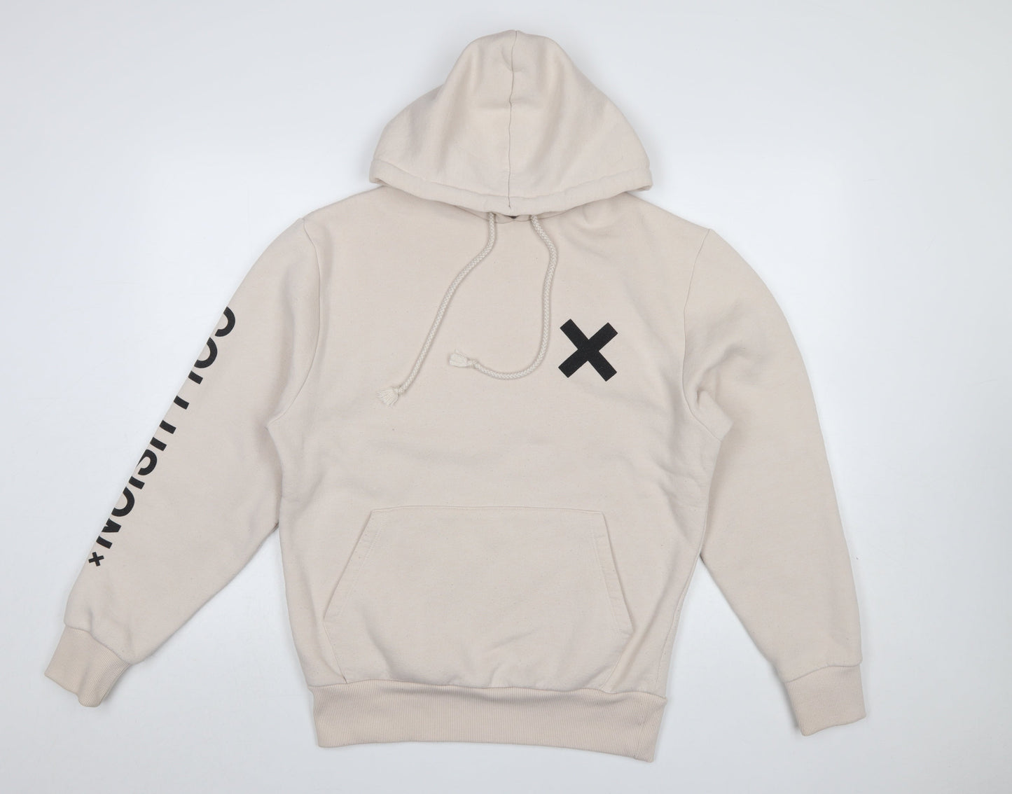 Collusion Men's Beige Pullover Hoodie XS Graphic Print Fleece