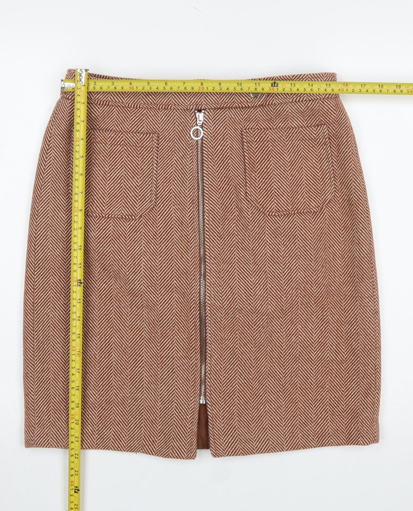 Vero Moda Women Brown Herringbone Wool Blend Knee Length Pencil Skirt L
