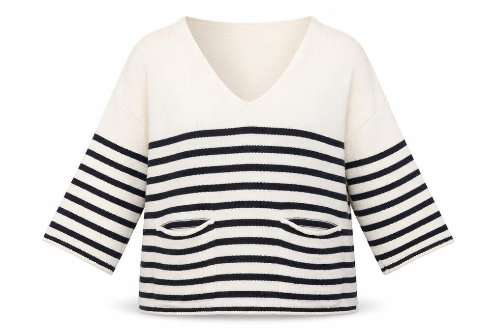 Zara Women Ivory Navy Striped V-Neck Pullover Jumper Size 8