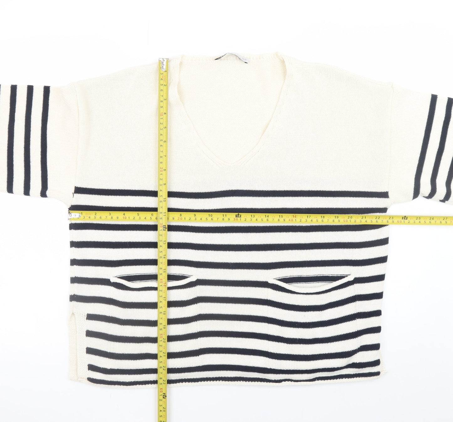 Zara Women Ivory Navy Striped V-Neck Pullover Jumper Size 8