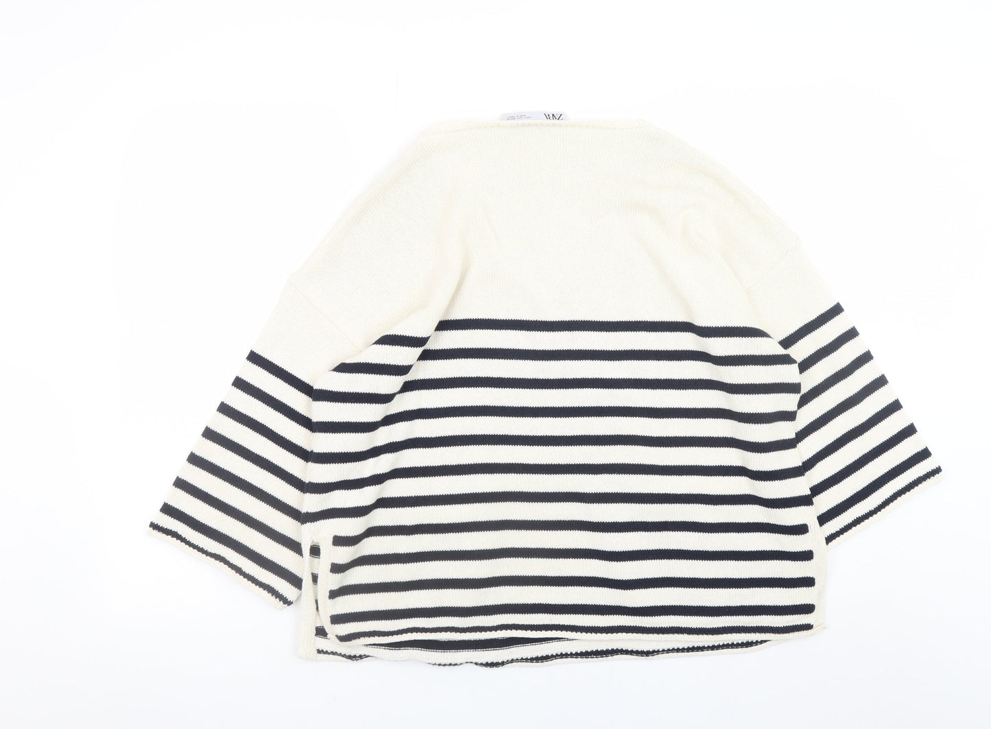 Zara Women Ivory Navy Striped V-Neck Pullover Jumper Size 8