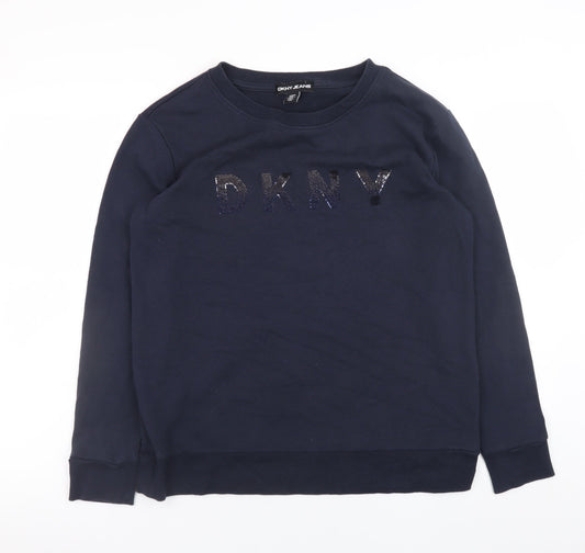 DKNY Jeans Women's Navy Cotton Blend Sequin Logo Sweatshirt Size S