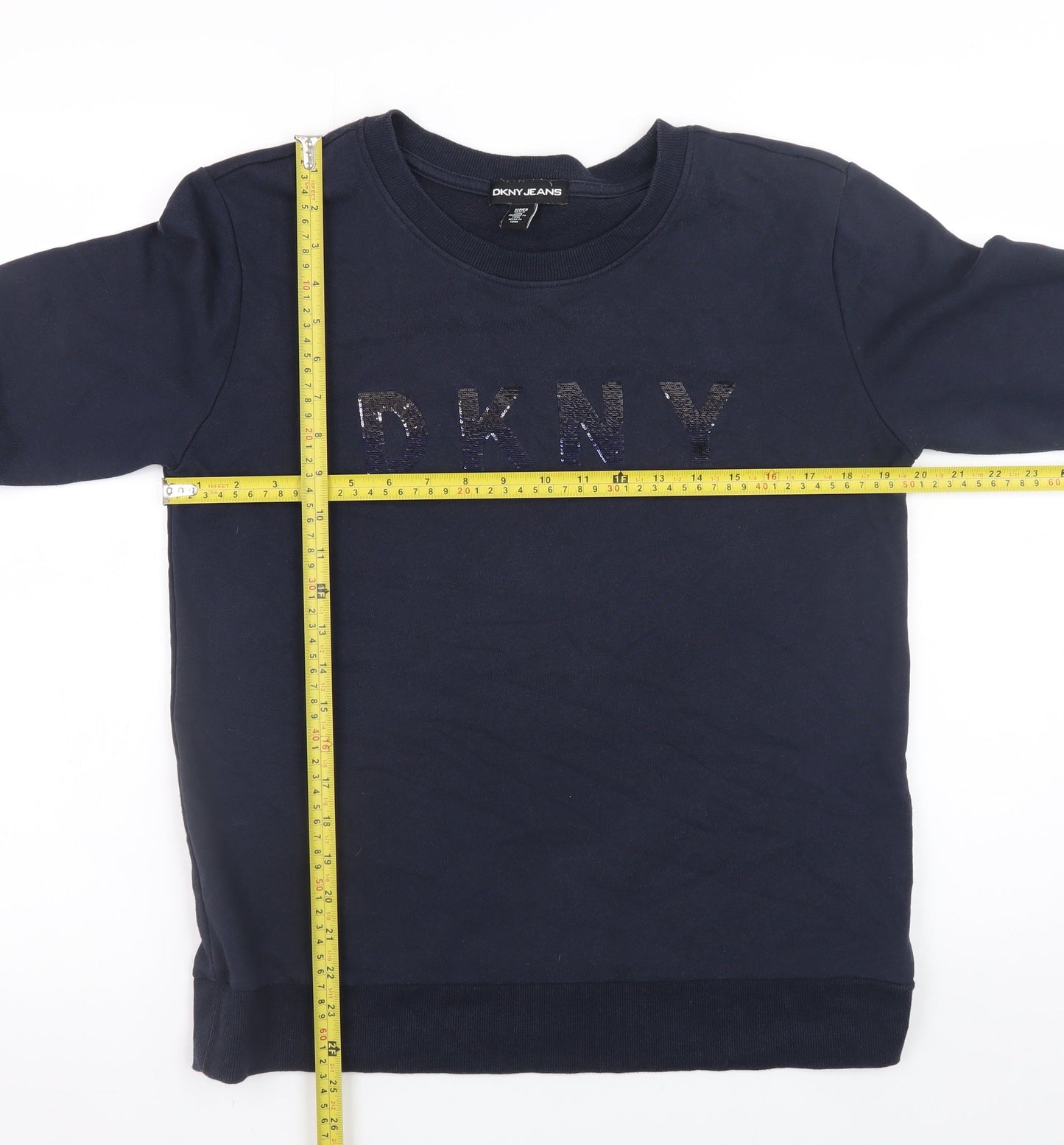 DKNY Jeans Women's Navy Cotton Blend Sequin Logo Sweatshirt Size S