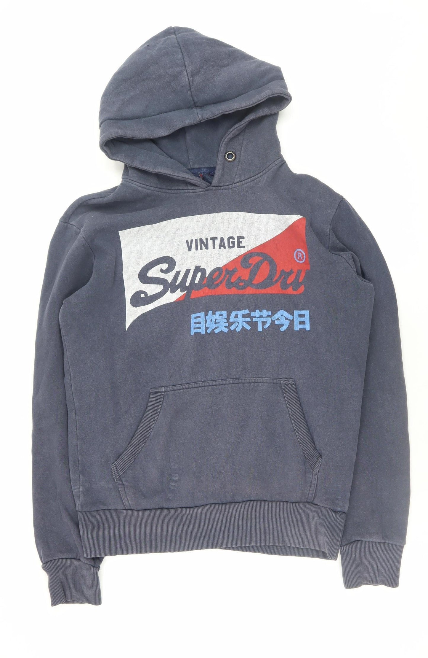 Superdry Men's Blue Pullover Hoodie Small Logo Print Fleece