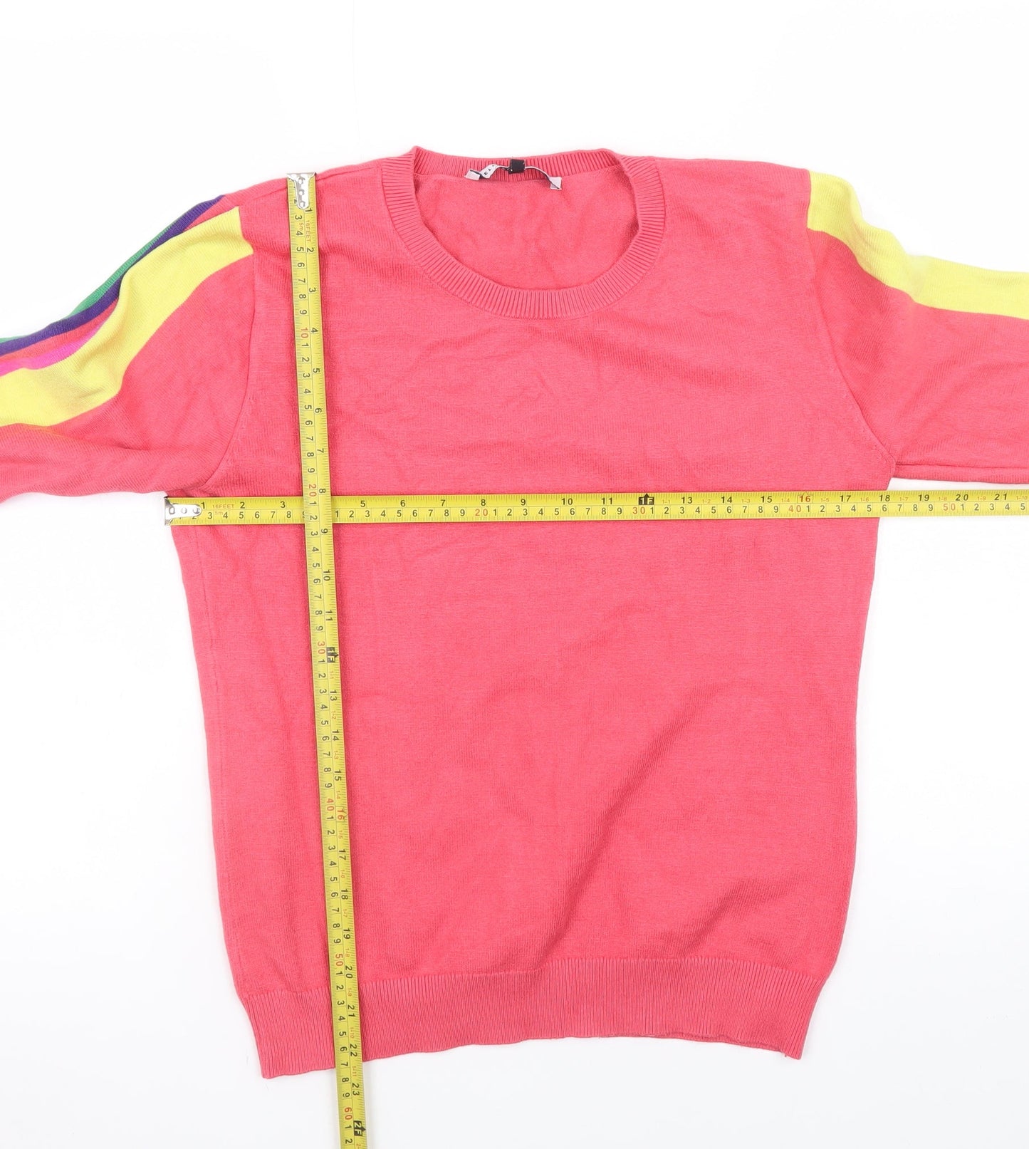 Kelly & Grace Weekend Womens Pink Knit Pullover Sweatshirt M Multicoloured Striped Sleeves