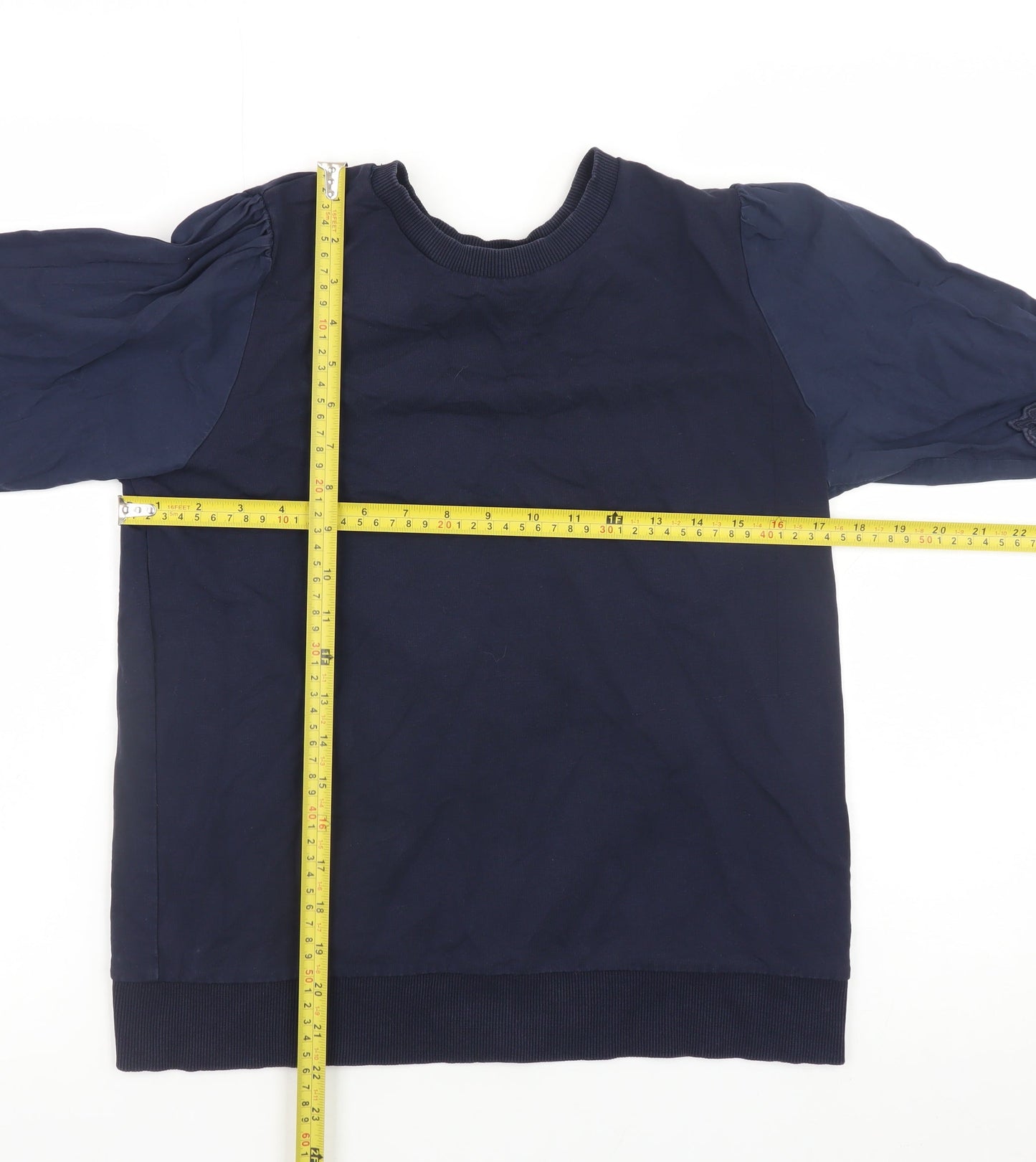 Gallery Women Navy Blue Pullover Sweatshirt with Embroidered Lace Sleeves Size S
