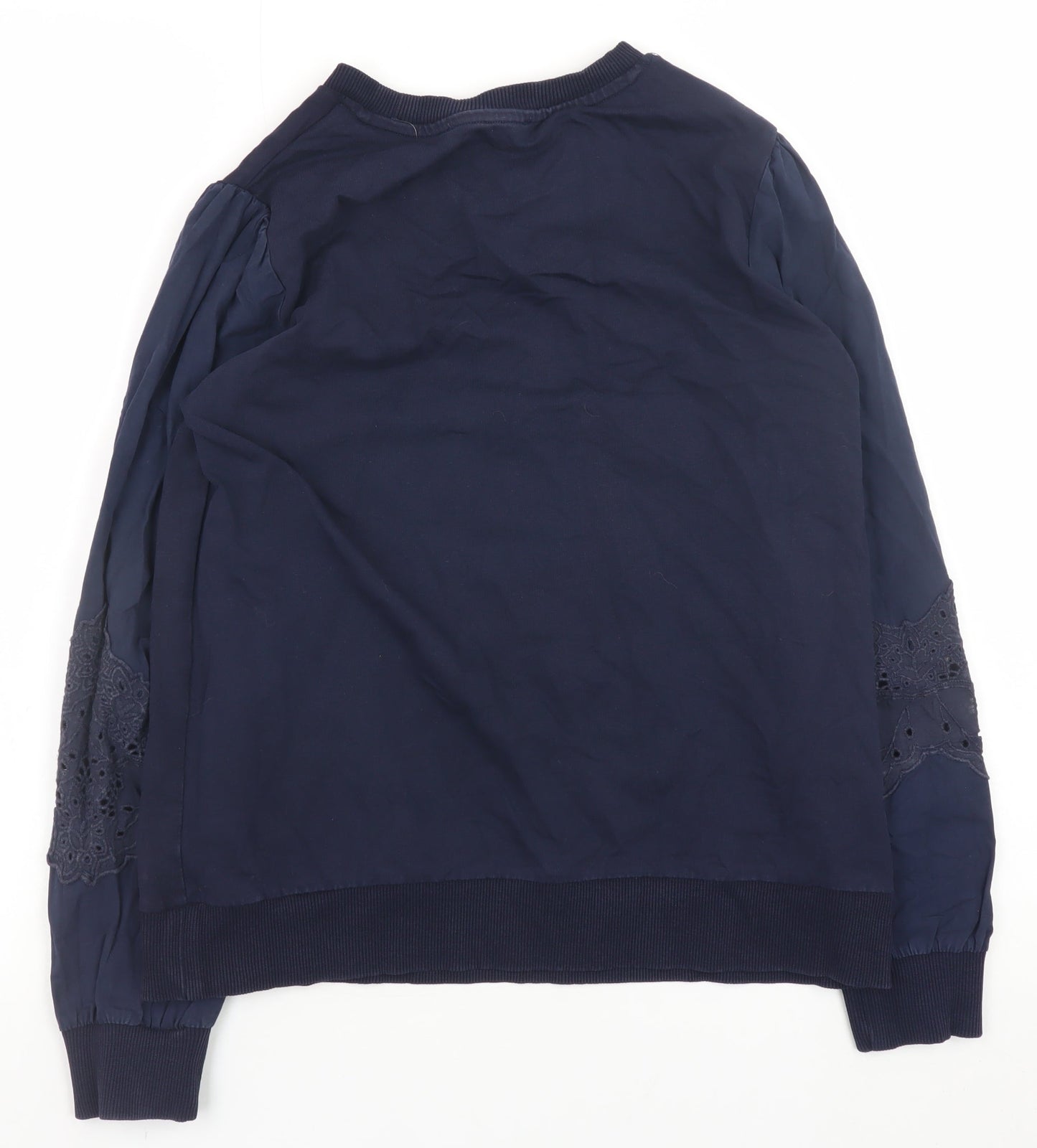 Gallery Women Navy Blue Pullover Sweatshirt with Embroidered Lace Sleeves Size S