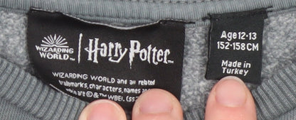 Brand and care label for Harry Potter girls’ grey pullover sweatshirt 12-13 years hogwarts graphic print
