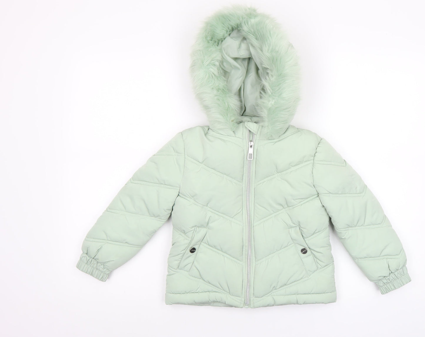 Lipsy London Girls Green Hooded Puffer Jacket 6 Years Faux Fur Trim