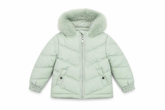 Front view of Lipsy London girls’ green hooded puffer jacket 6 years faux fur trim