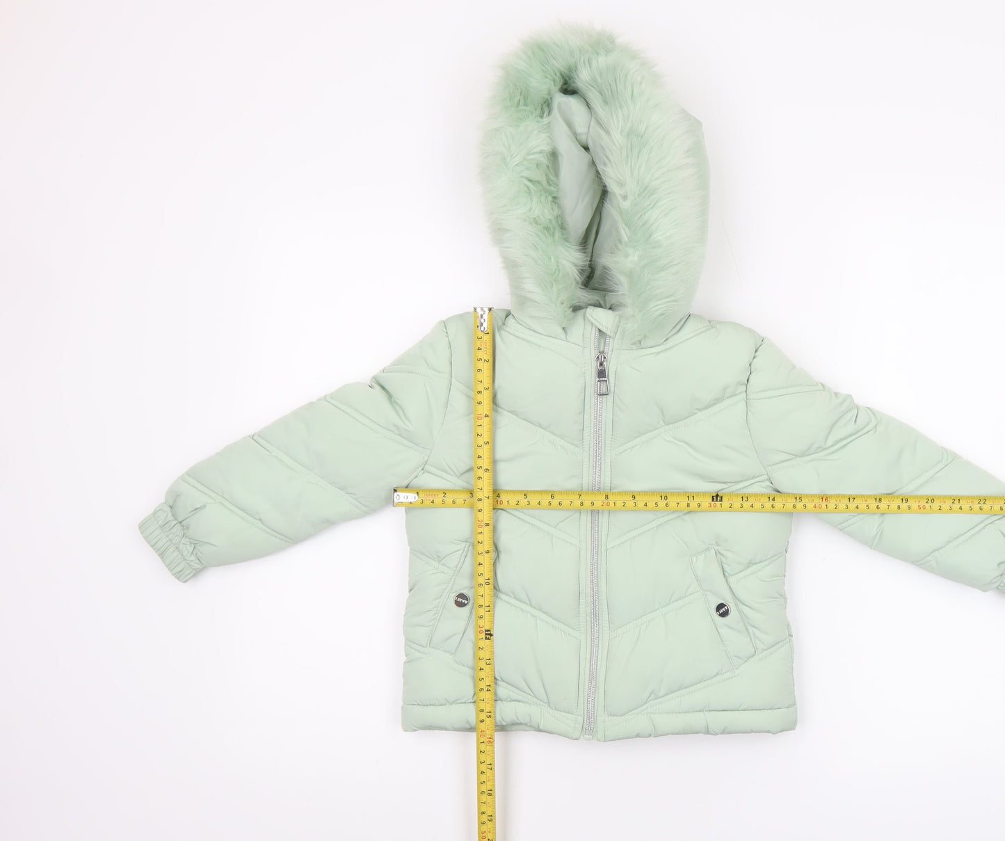 Lipsy London Girls Green Hooded Puffer Jacket 6 Years Faux Fur Trim