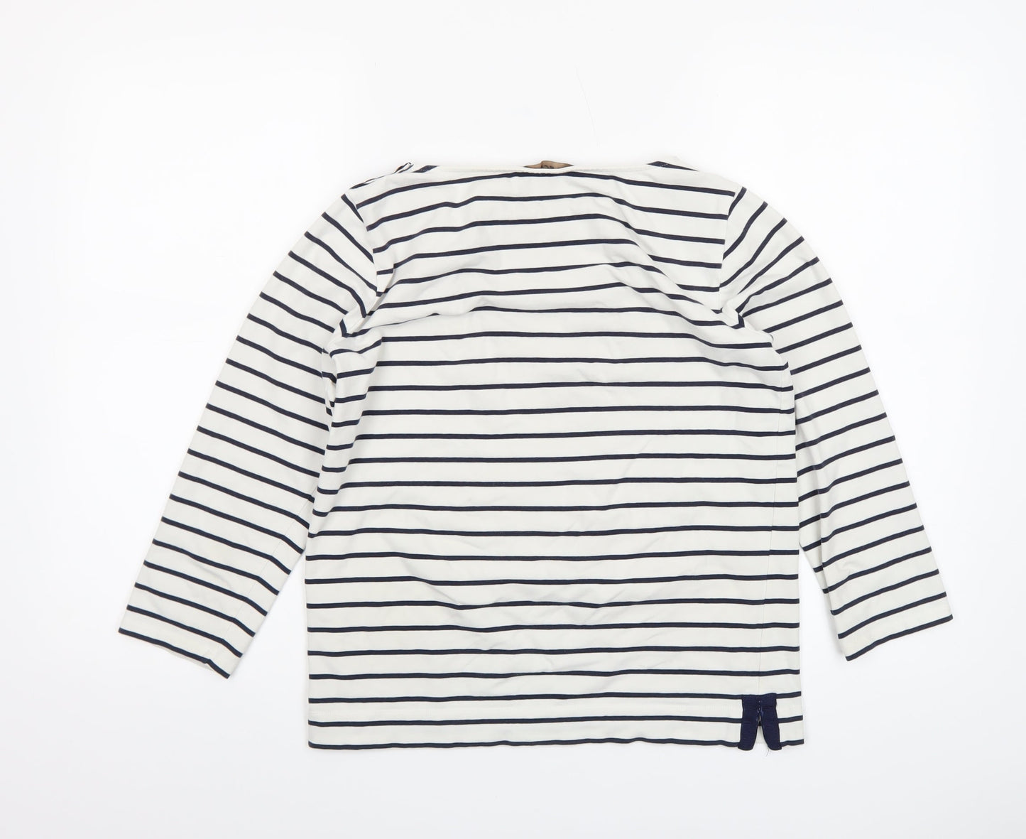 Jaeger Women White Navy Striped Cotton Boat Neck Long Sleeve Top S