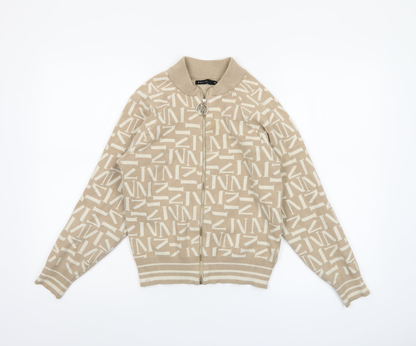 Mohito Women's Beige XS Full Zip Knit Jumper with Logo Design