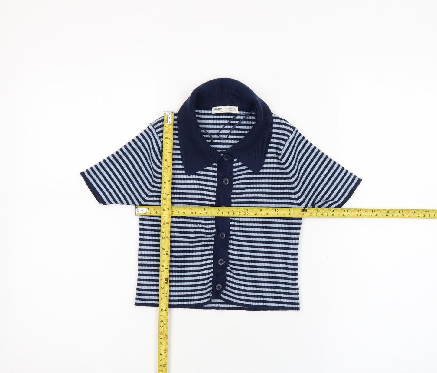 Pull&Bear Women's Blue Striped Cropped Button-Up Polo Top Size S