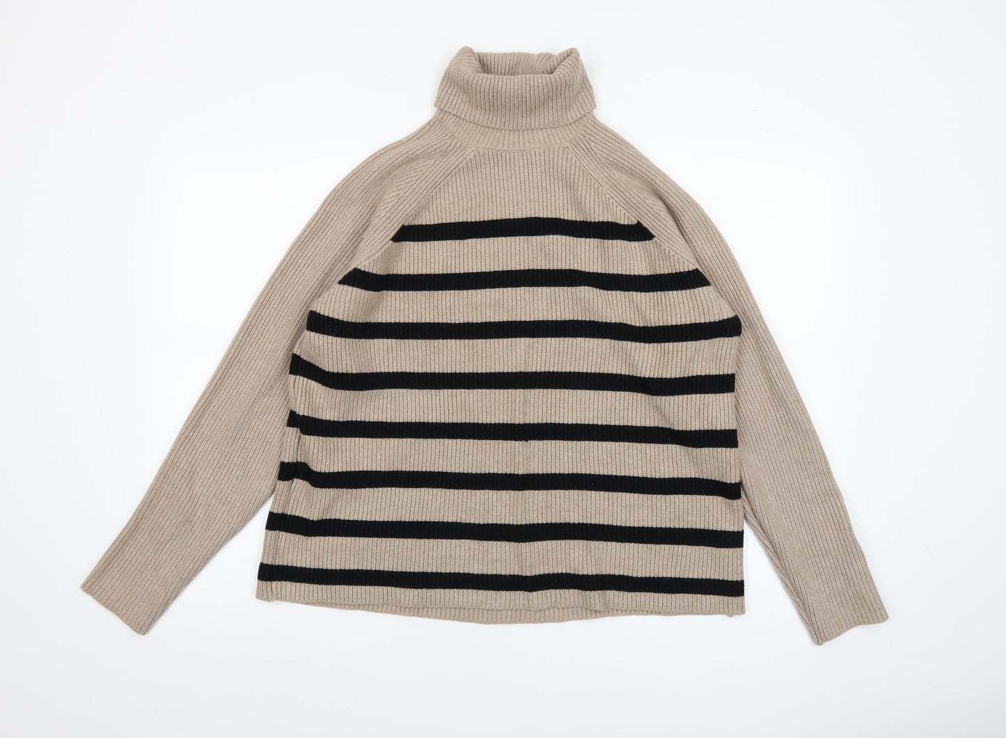 Marks and Spencer Womens Beige Black Striped Roll Neck Jumper Size L