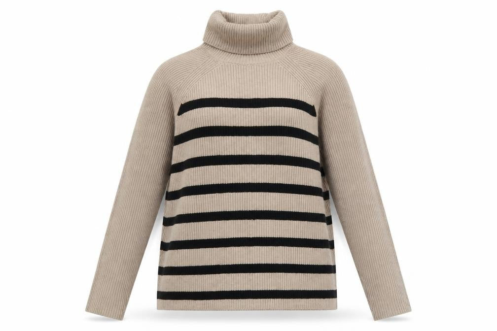 Marks & Spencer Womens Beige Black Striped Roll Neck Jumper Size L