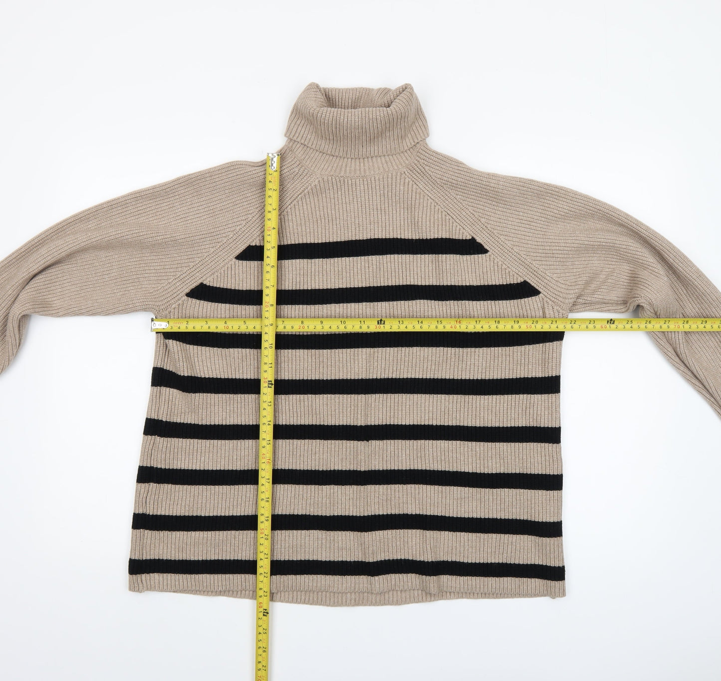 Marks and Spencer Womens Beige Black Striped Roll Neck Jumper Size L