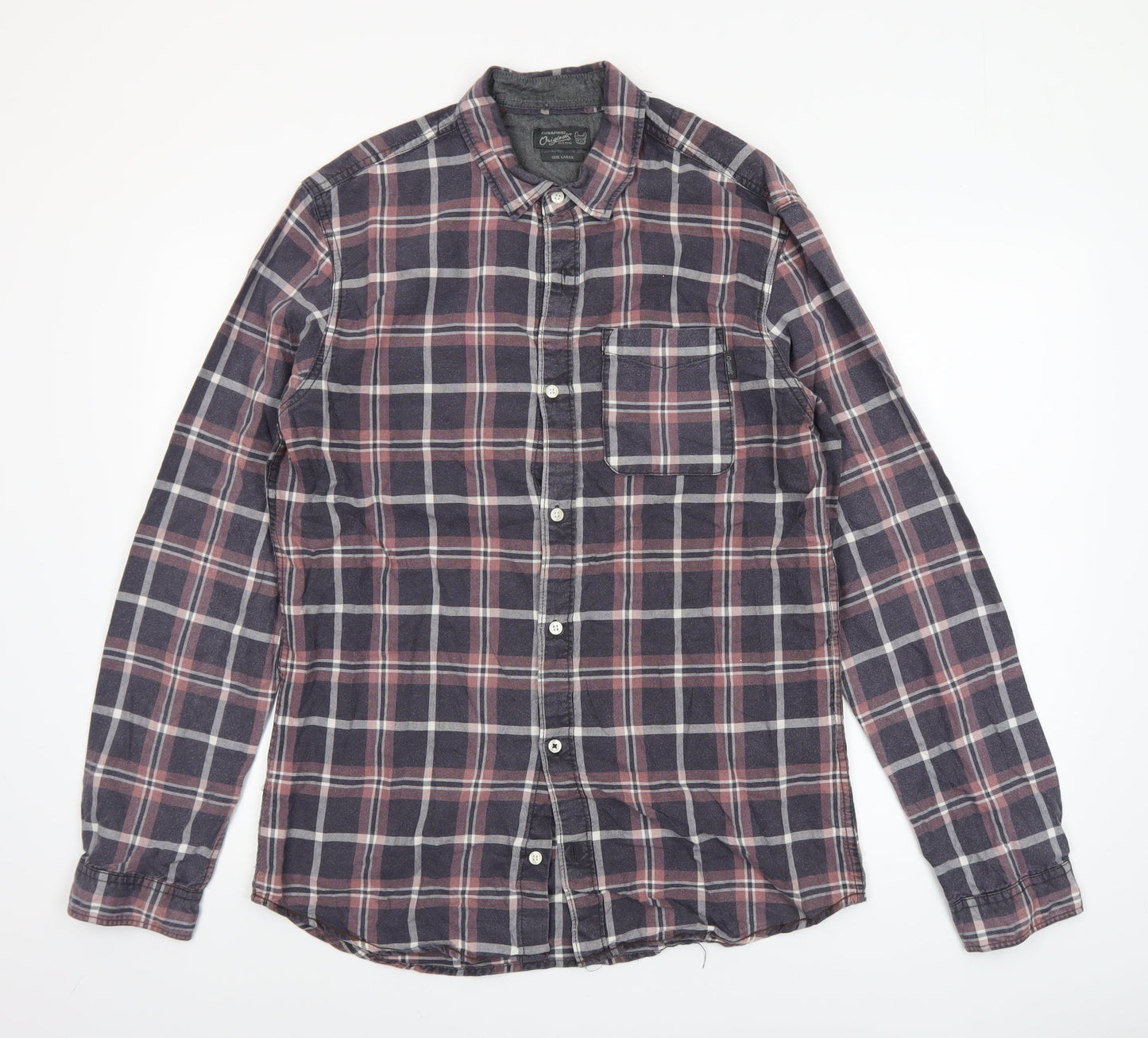Jack & Jones Originals Men's Blue Checked Cotton Long Sleeve Shirt Large