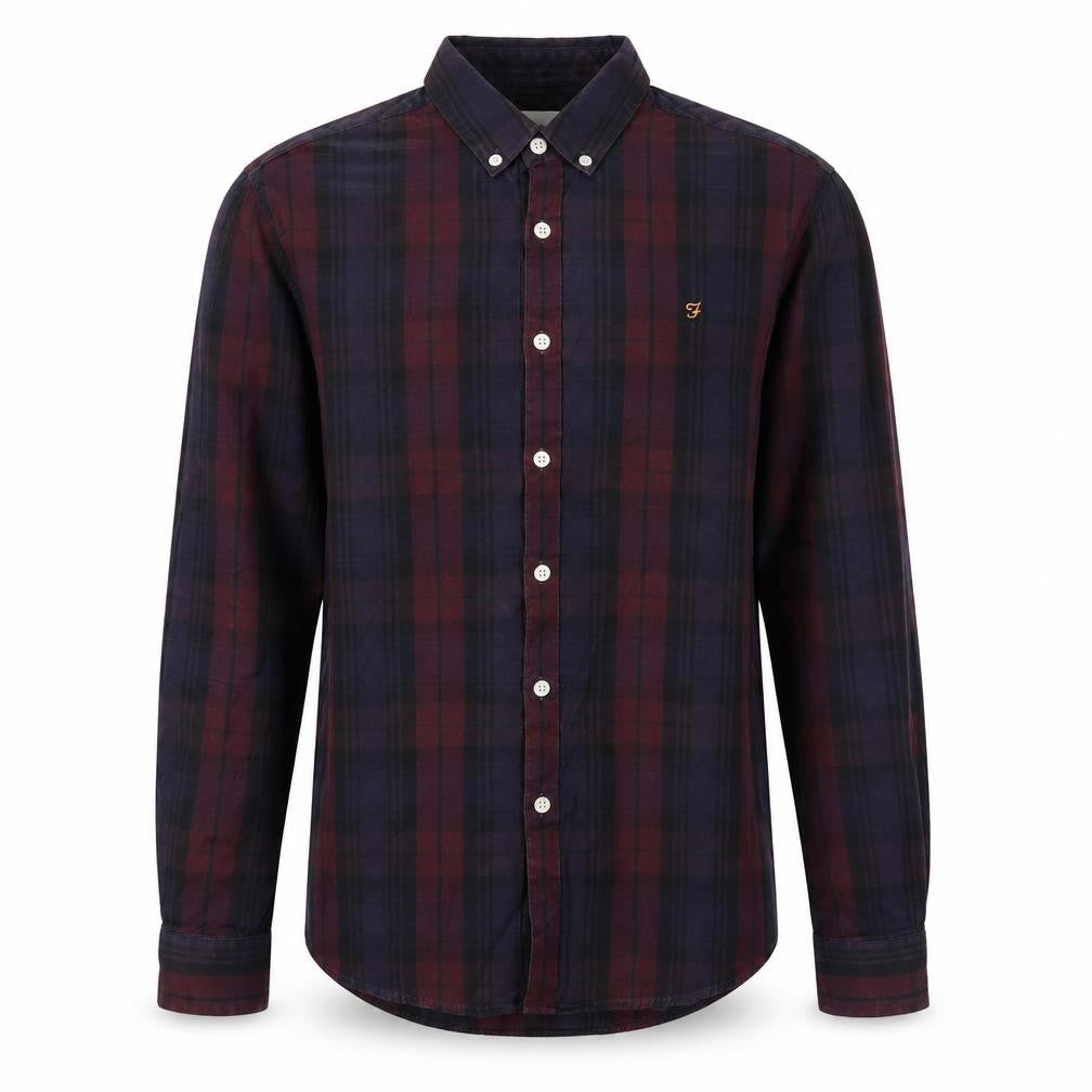 Farah Men Burgundy Navy Check Slim Fit Long Sleeve Shirt M