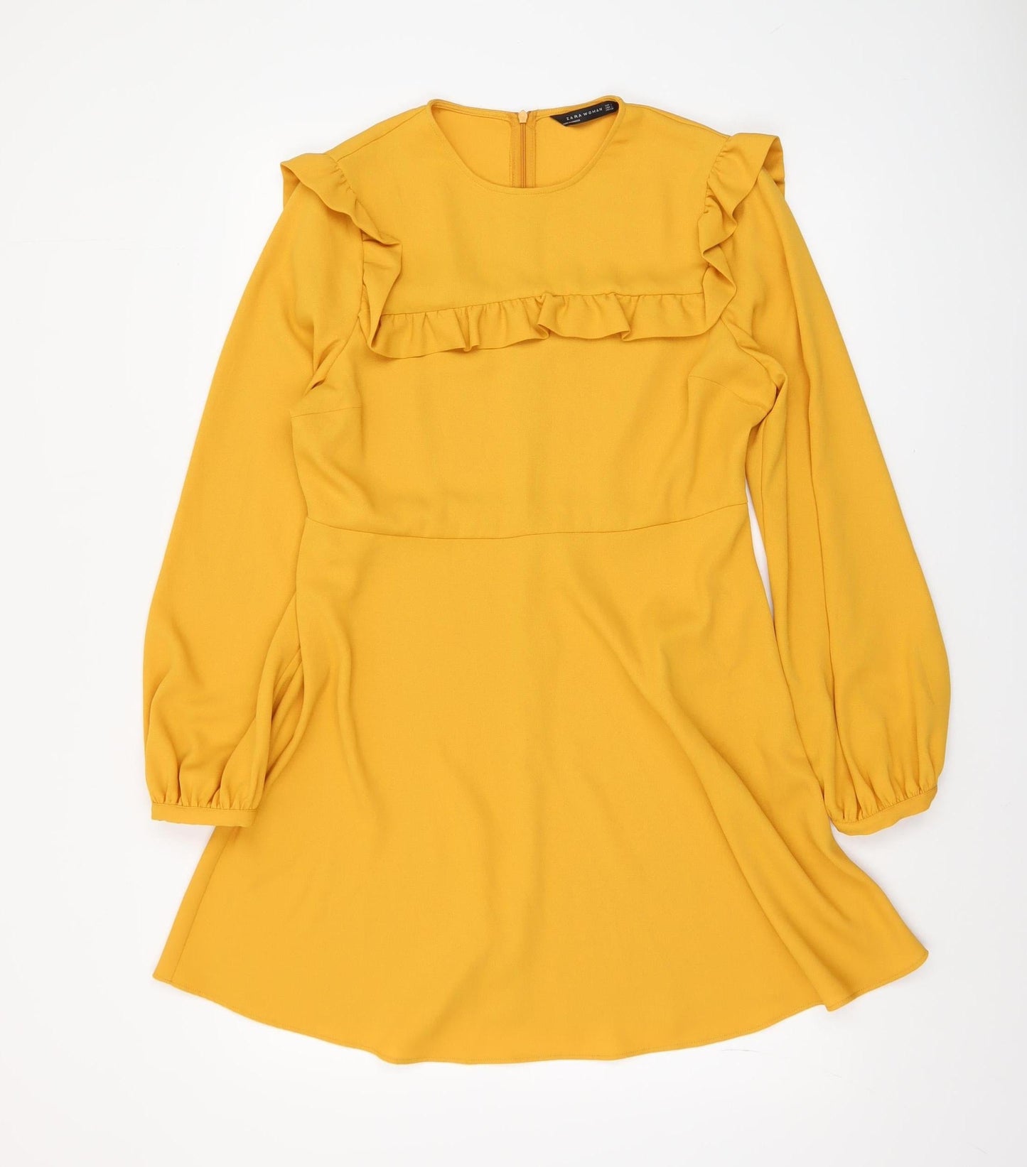 Zara Women Yellow A-Line Ruffle Long Sleeve Short Dress Size 14