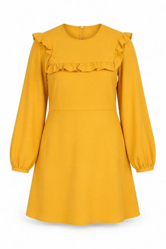 Zara Women Yellow A-Line Ruffle Long Sleeve Short Dress Size 14