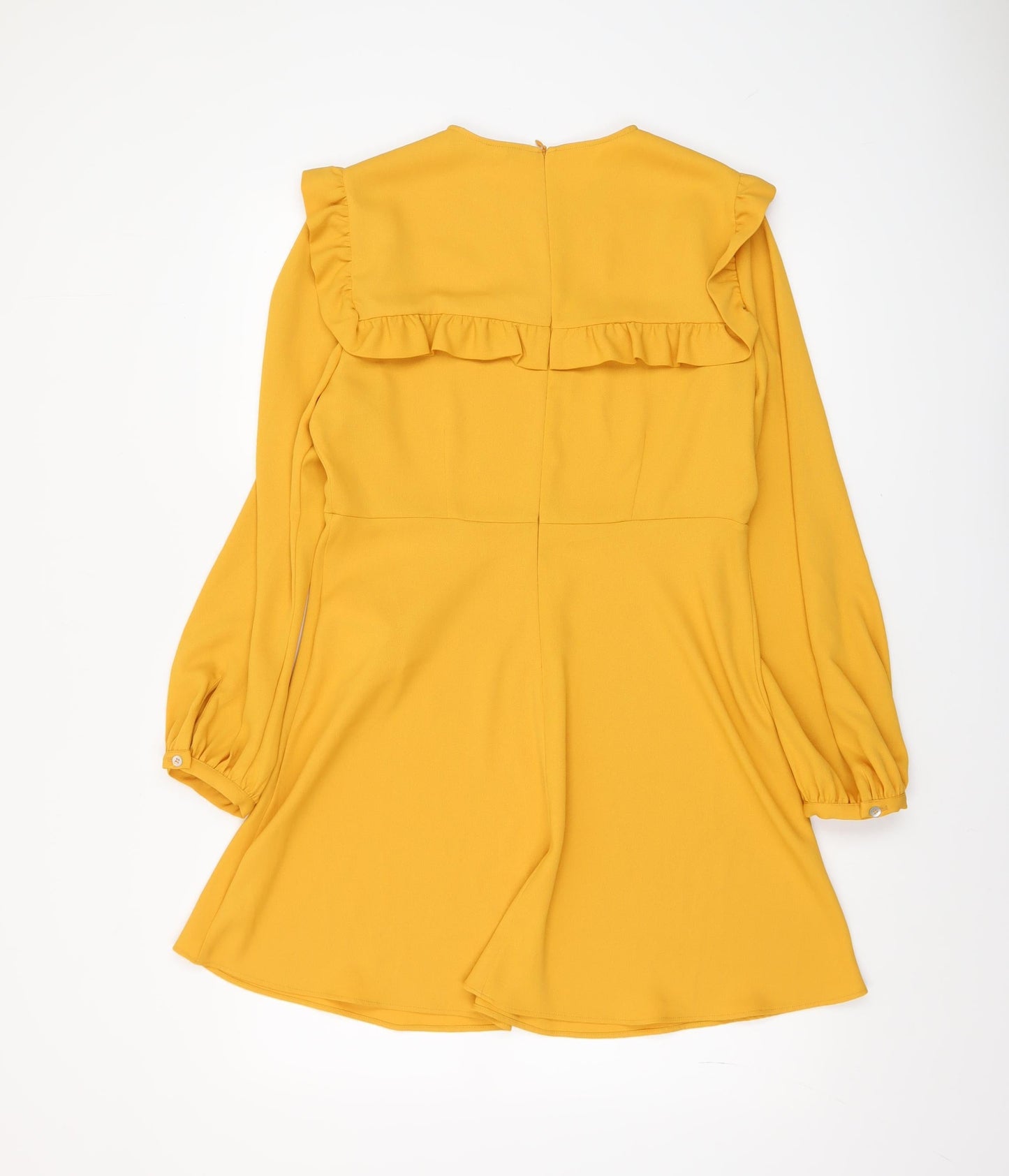 Zara Women Yellow A-Line Ruffle Long Sleeve Short Dress Size 14