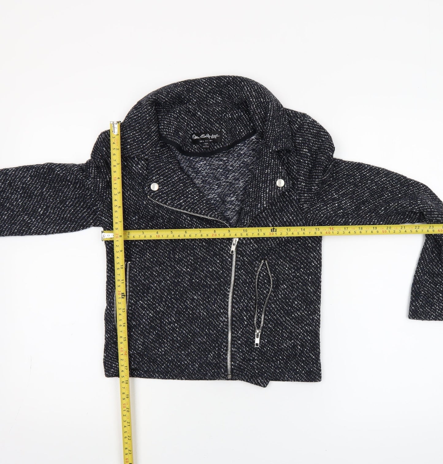 Miss Selfridge Women Black Tweed Biker Jacket UK 8 Cropped Zip Style