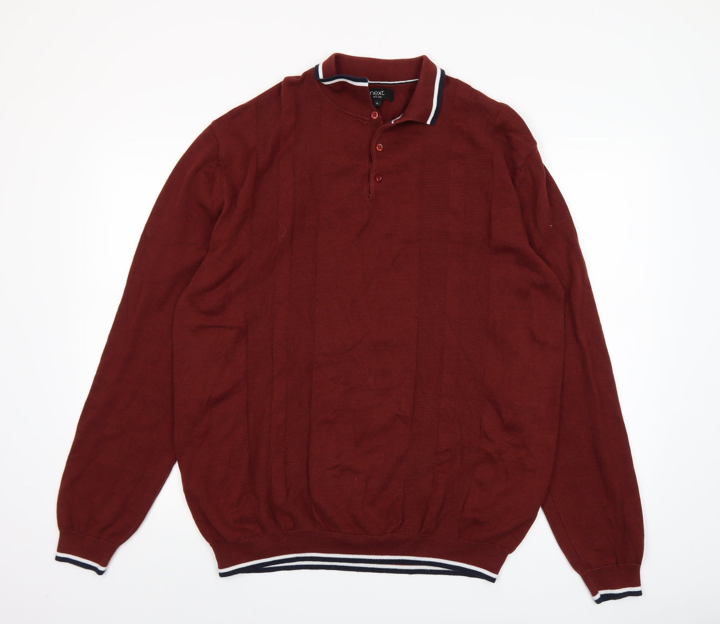 Next Men’s Red Cotton Henley Jumper XL Long Sleeve Classic Knit