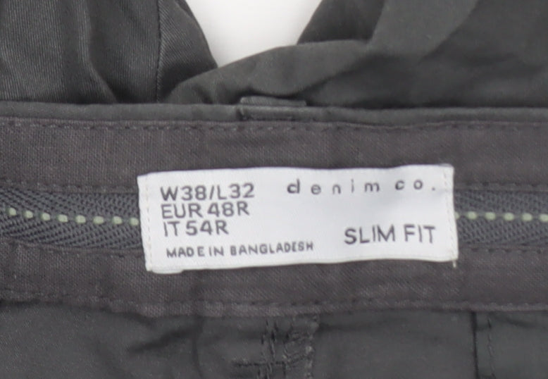 Denim Co. Men's Grey Slim Fit Chino Trousers 38W 32L Cotton Blend