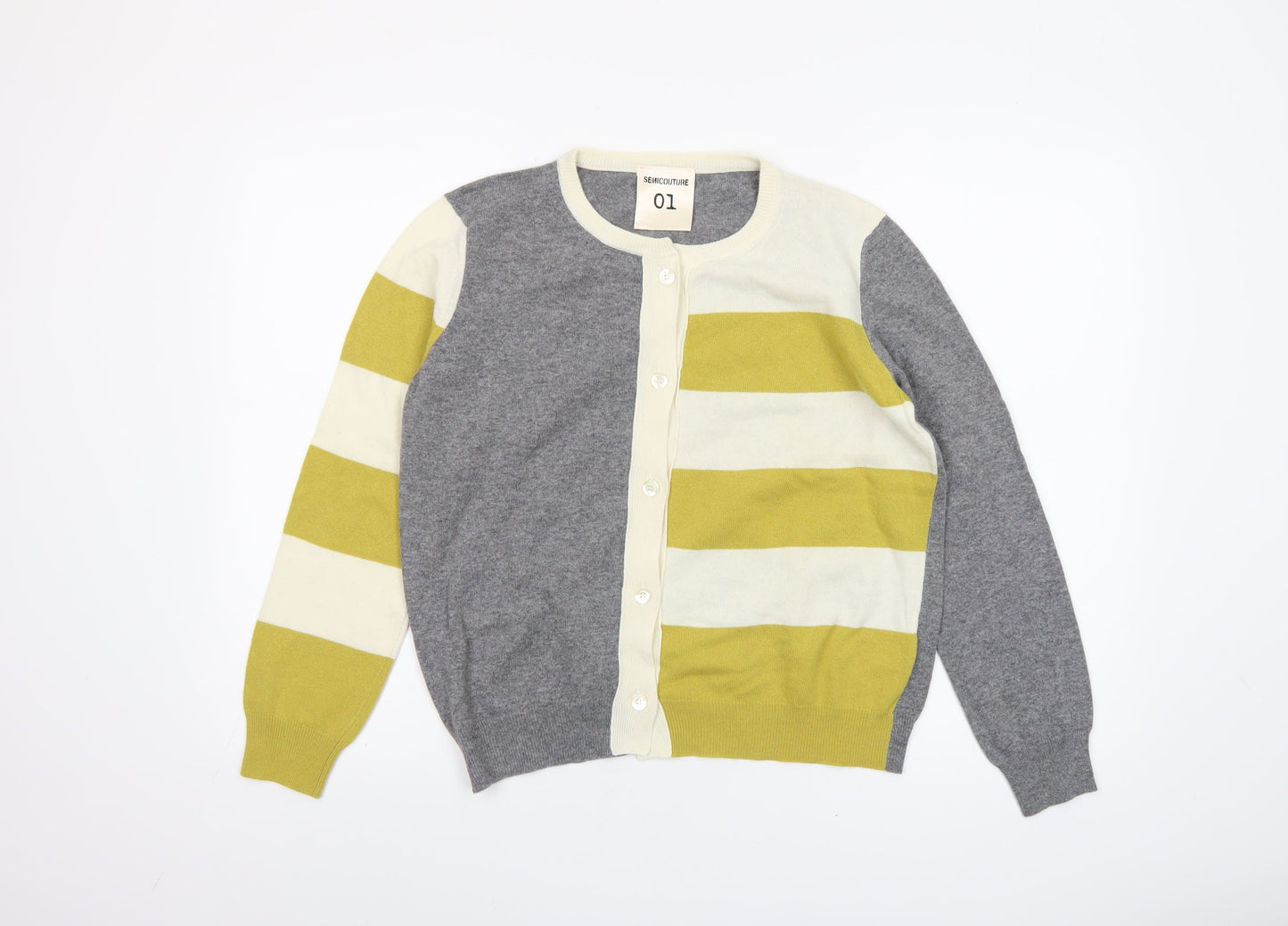 Semicouture Women's Grey & Yellow Striped Cardigan M Wool Blend