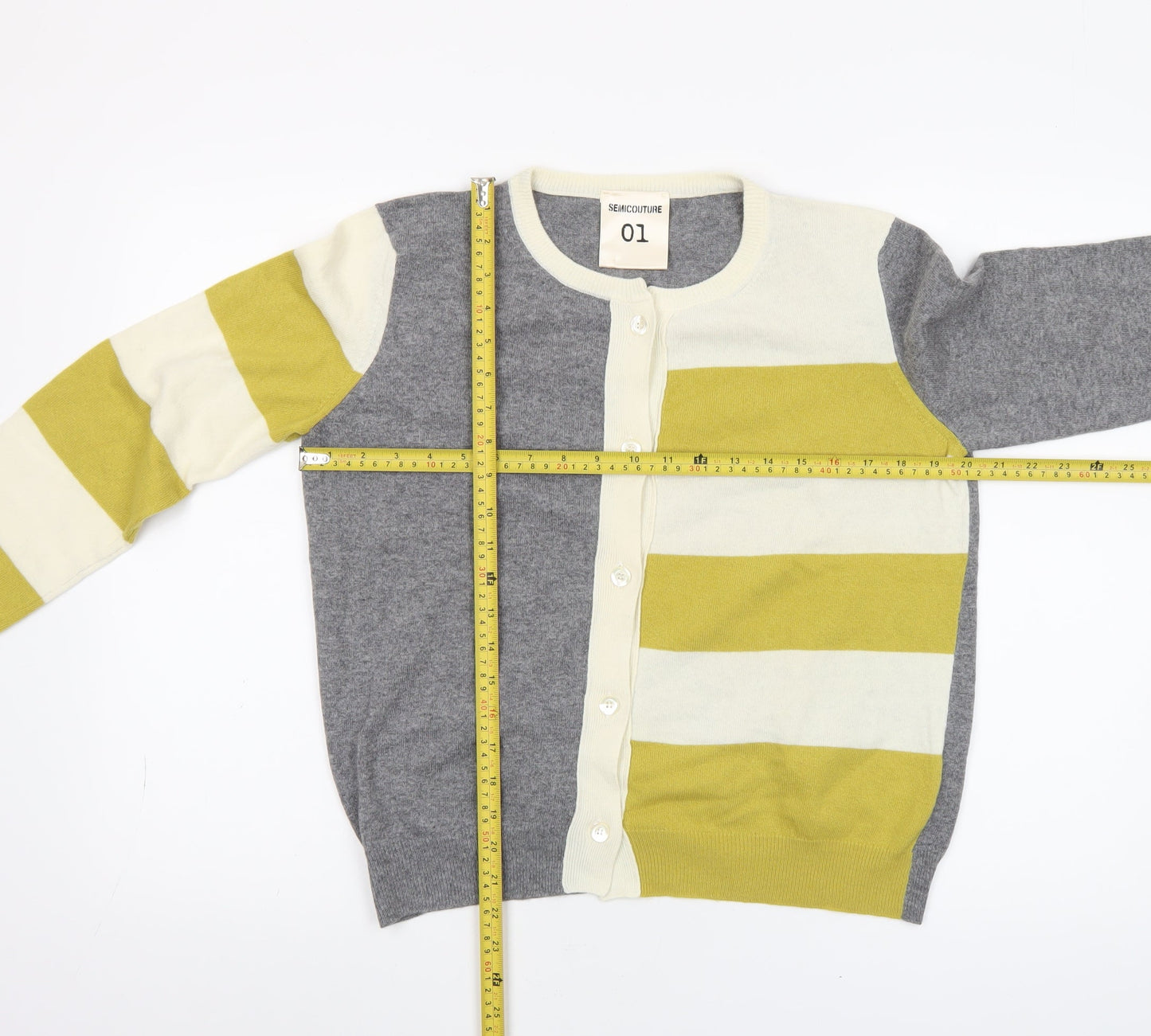 Semicouture Women's Grey & Yellow Striped Cardigan M Wool Blend