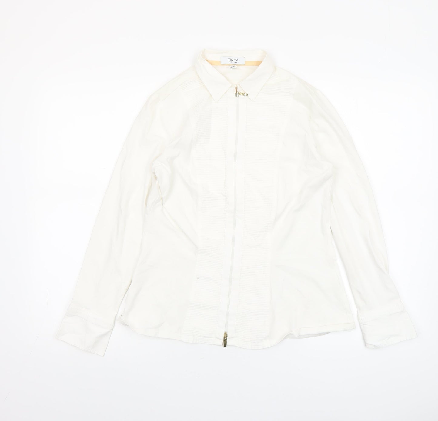 Tinta Women White Collared Zip Blouse Size 14 Cotton Stretch