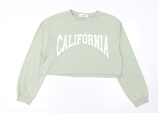 Pull & Bear Women Green Crop Pullover Sweatshirt Size M CALIFORNIA Print