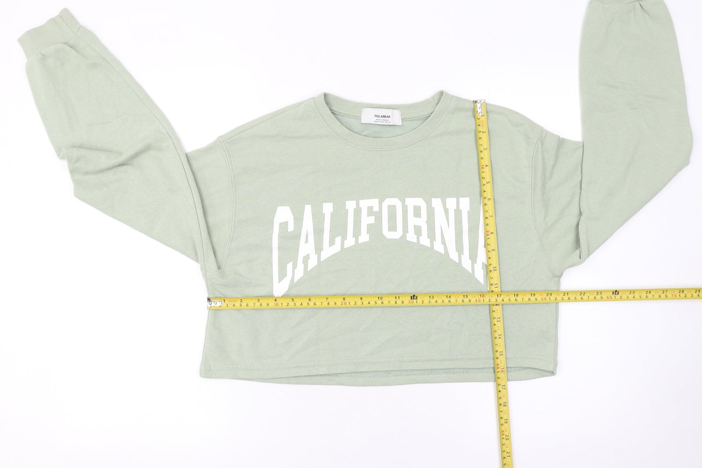 Pull & Bear Women Green Crop Pullover Sweatshirt Size M CALIFORNIA Print
