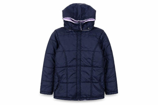 Front view of Adams girls’ blue hooded puffer jacket 8 years nylon mid-length coat