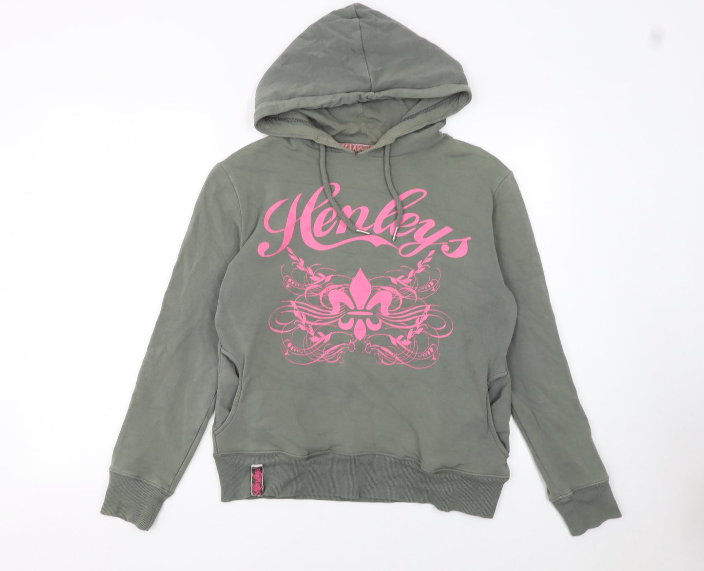Henleys Womens Green Pink Graphic Pullover Hoodie Size 2 Cotton Blend