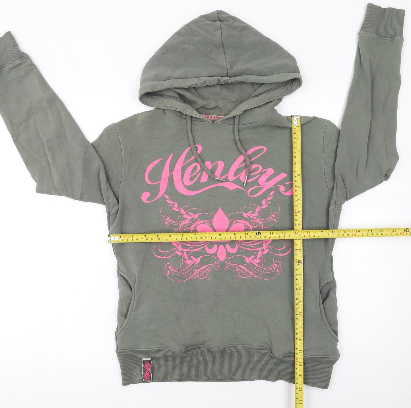 Henleys Womens Green Pink Graphic Pullover Hoodie Size 2 Cotton Blend