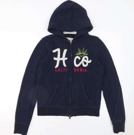 Hollister Women Navy Blue Full Zip Hoodie Sweatshirt Size L