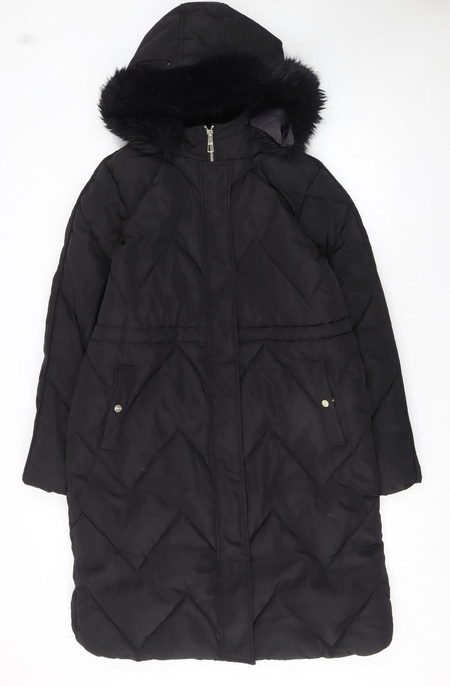 Lipsy Women Black Long Puffer Coat Hooded Faux Fur Trim Size 12
