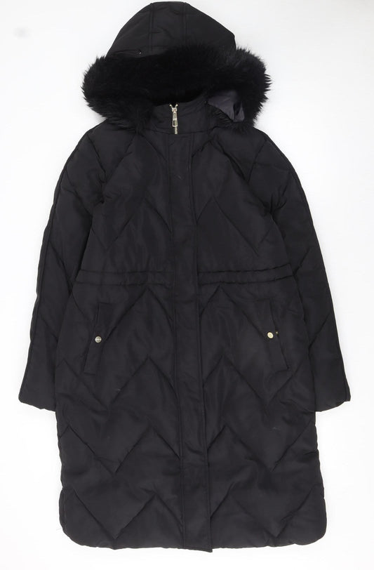 Lipsy Women Black Long Puffer Coat Hooded Faux Fur Trim Size 12