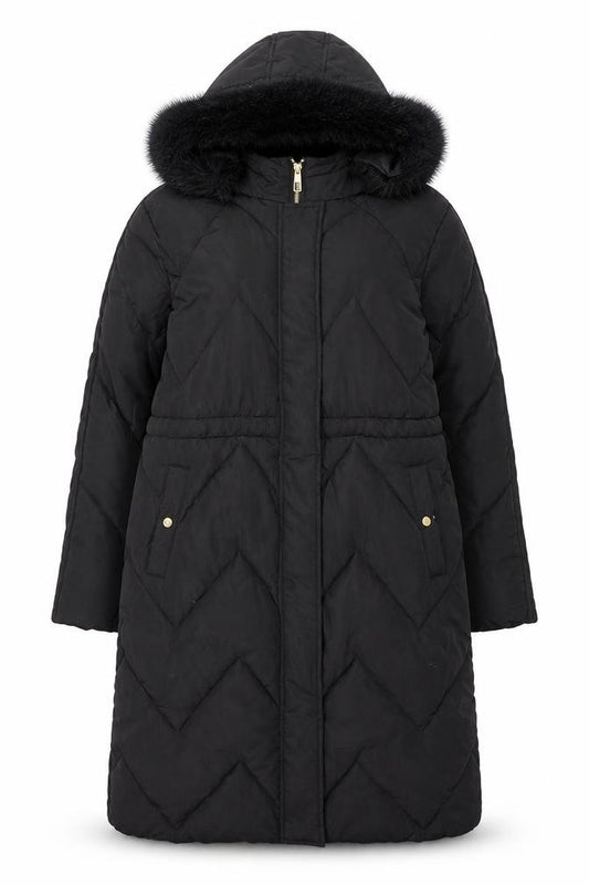 Lipsy Women Black Long Puffer Coat Hooded Faux Fur Trim Size 12