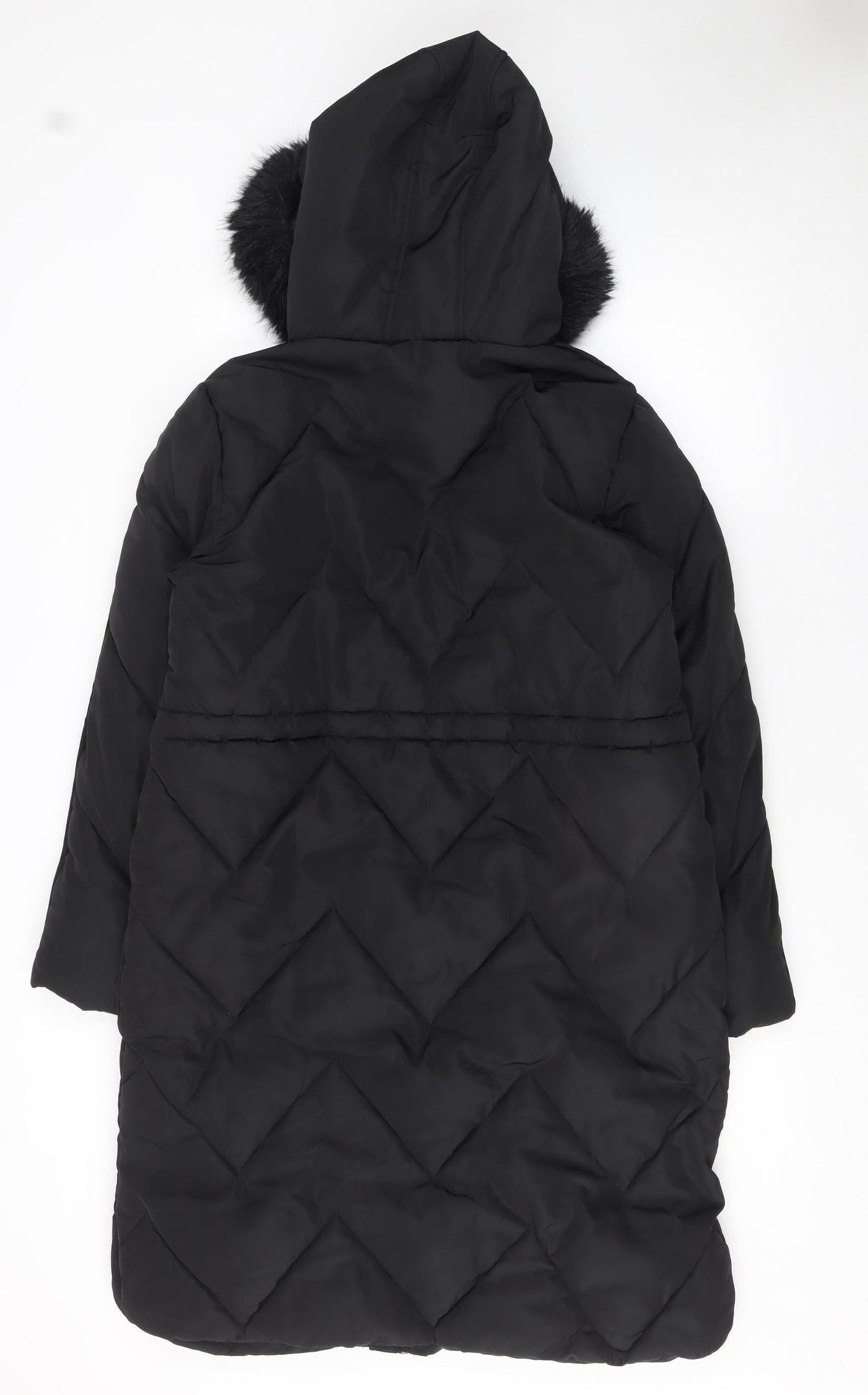 Lipsy Women Black Long Puffer Coat Hooded Faux Fur Trim Size 12