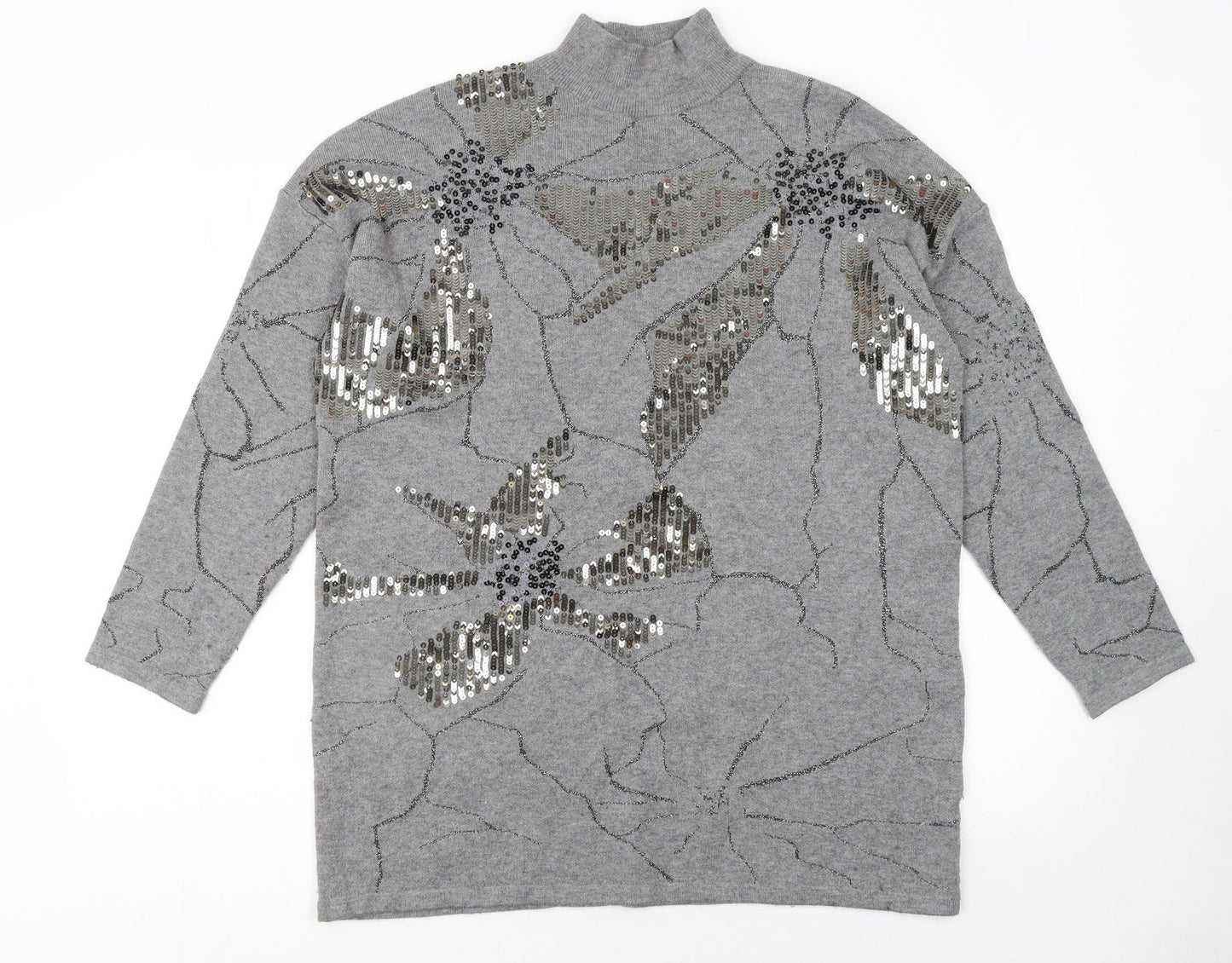 Studio Women's Grey Sequin Floral Mock Neck Long Sleeve Jumper One Size
