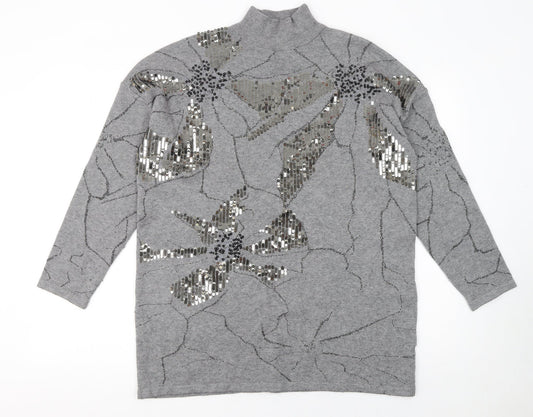 Studio Women's Grey Sequin Floral Mock Neck Long Sleeve Jumper One Size