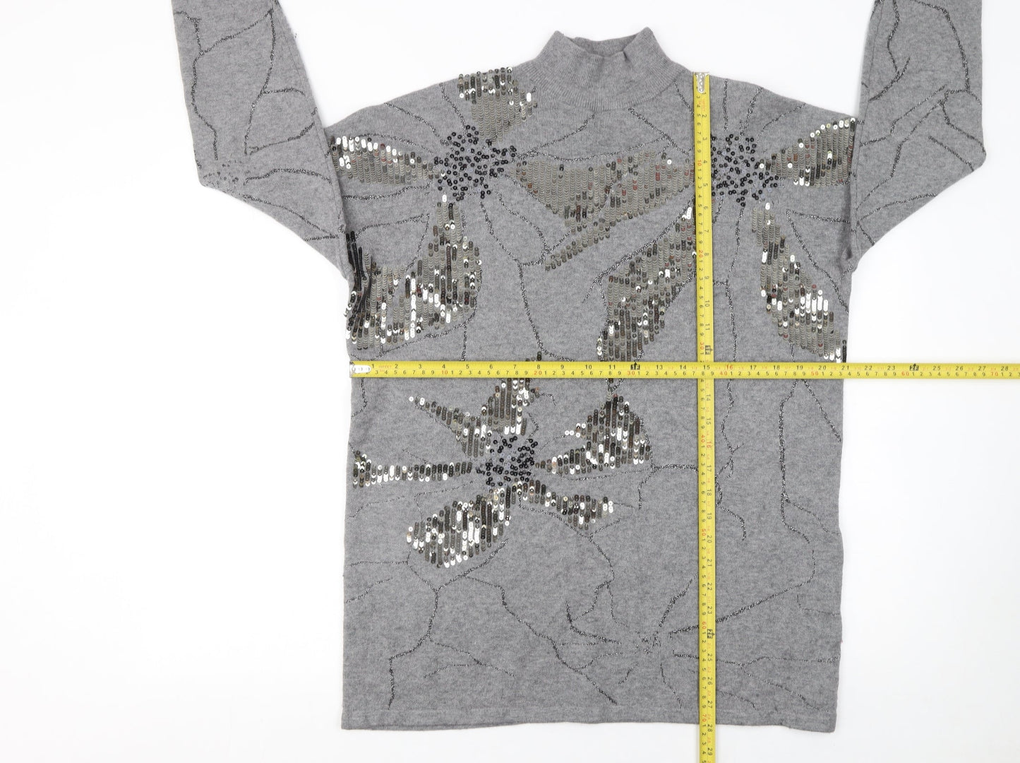 Studio Women's Grey Sequin Floral Mock Neck Long Sleeve Jumper One Size