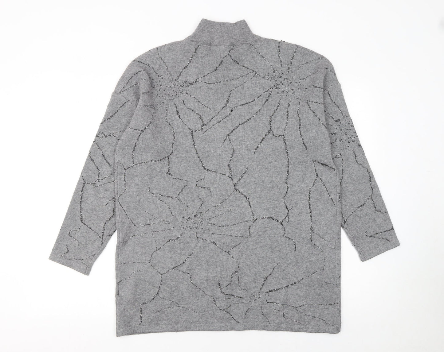 Studio Women's Grey Sequin Floral Mock Neck Long Sleeve Jumper One Size
