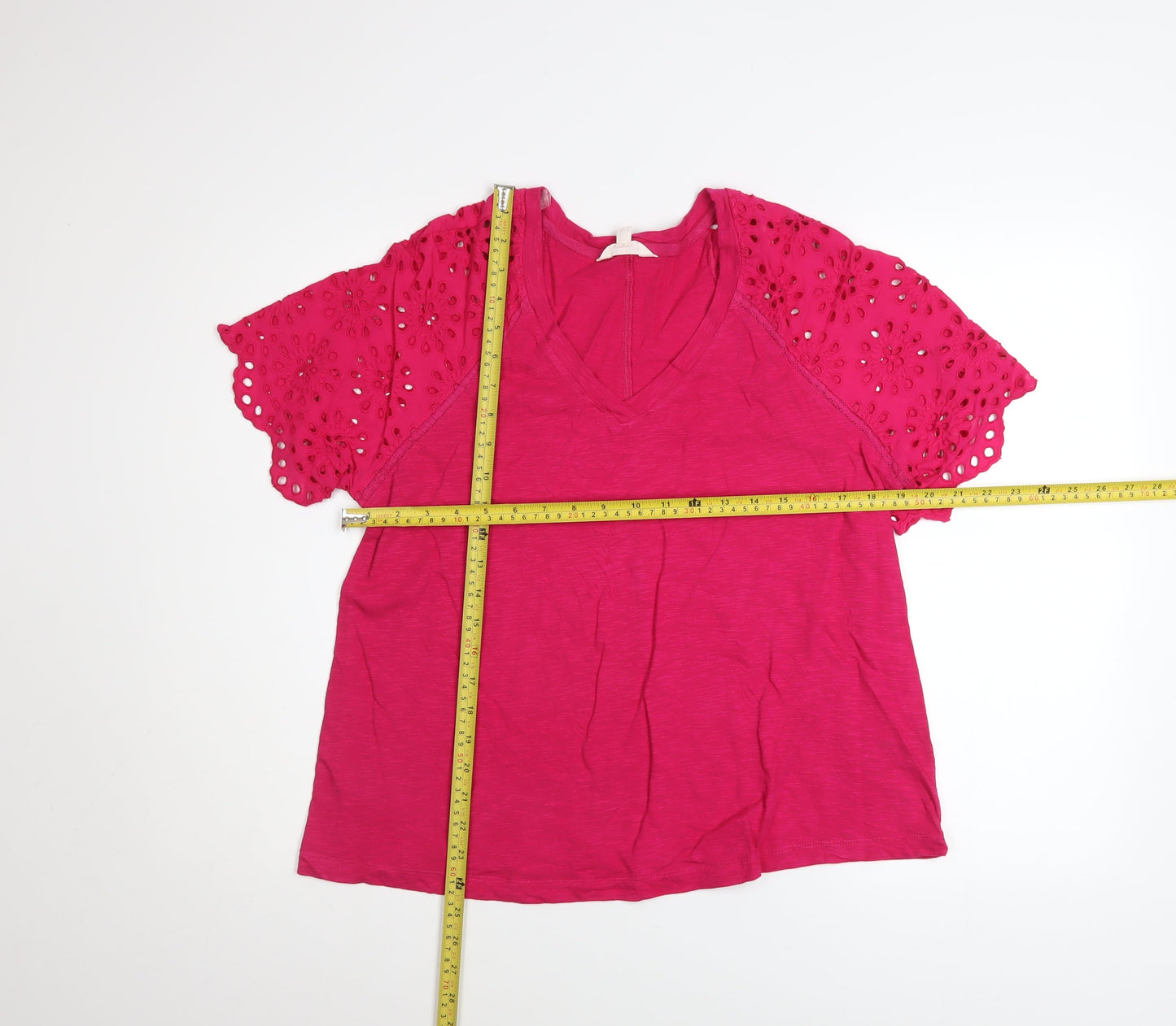 Marks and Spencer Women's Pink Cotton V-Neck Flutter Sleeve T-Shirt Size 12