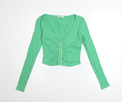 Stradivarius Womens Green Long Sleeve Cropped Button-Up Top Size M
