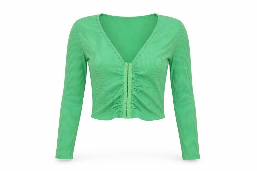 Stradivarius Womens Green Long Sleeve Cropped Button-Up Top Size M