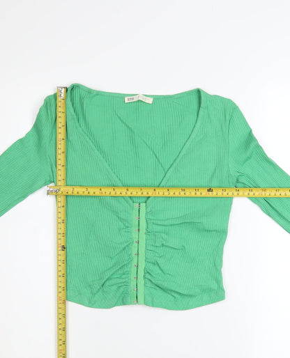 Stradivarius Womens Green Long Sleeve Cropped Button-Up Top Size M